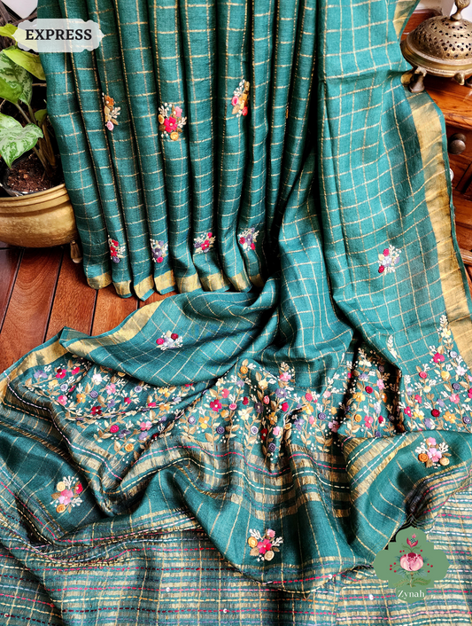 Zynah Teal / Gold Self Checkered Pure Tussar Silk Saree With Frenchknot Hand Embroidery; Custom Stitched/Ready-made Blouse, Fall, Petticoat; SKU: 2908202302