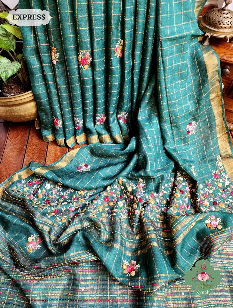 Zynah Teal / Gold Self Checkered Pure Tussar Silk Saree With Frenchknot Hand Embroidery; Custom Stitched/Ready-made Blouse, Fall, Petticoat; SKU: 2908202302