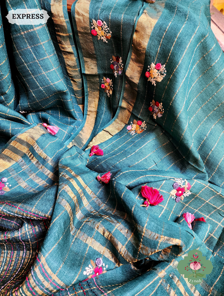 Zynah Teal / Gold Self Checkered Pure Tussar Silk Saree With Frenchknot Hand Embroidery; Custom Stitched/Ready-made Blouse, Fall, Petticoat; SKU: 2908202302