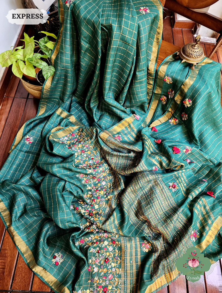 Zynah Teal / Gold Self Checkered Pure Tussar Silk Saree With Frenchknot Hand Embroidery; Custom Stitched/Ready-made Blouse, Fall, Petticoat; SKU: 2908202302