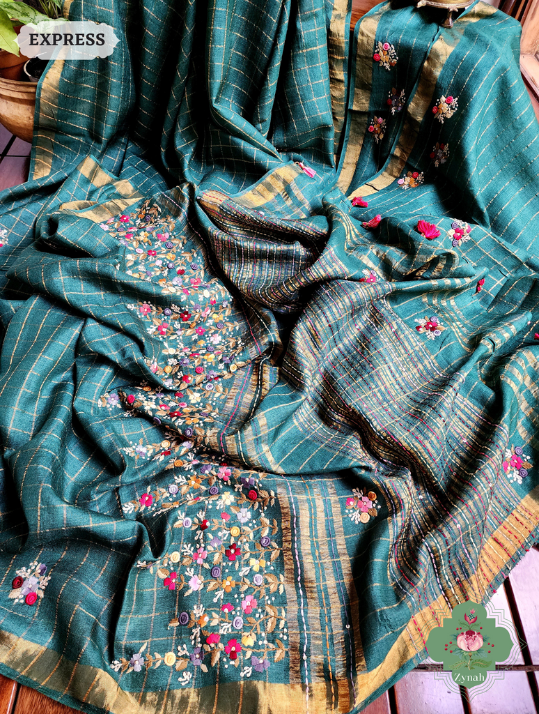Zynah Teal / Gold Self Checkered Pure Tussar Silk Saree With Frenchknot Hand Embroidery; Custom Stitched/Ready-made Blouse, Fall, Petticoat; SKU: 2908202302