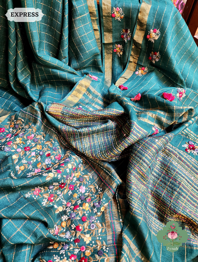 Zynah Teal / Gold Self Checkered Pure Tussar Silk Saree With Frenchknot Hand Embroidery; Custom Stitched/Ready-made Blouse, Fall, Petticoat; SKU: 2908202302