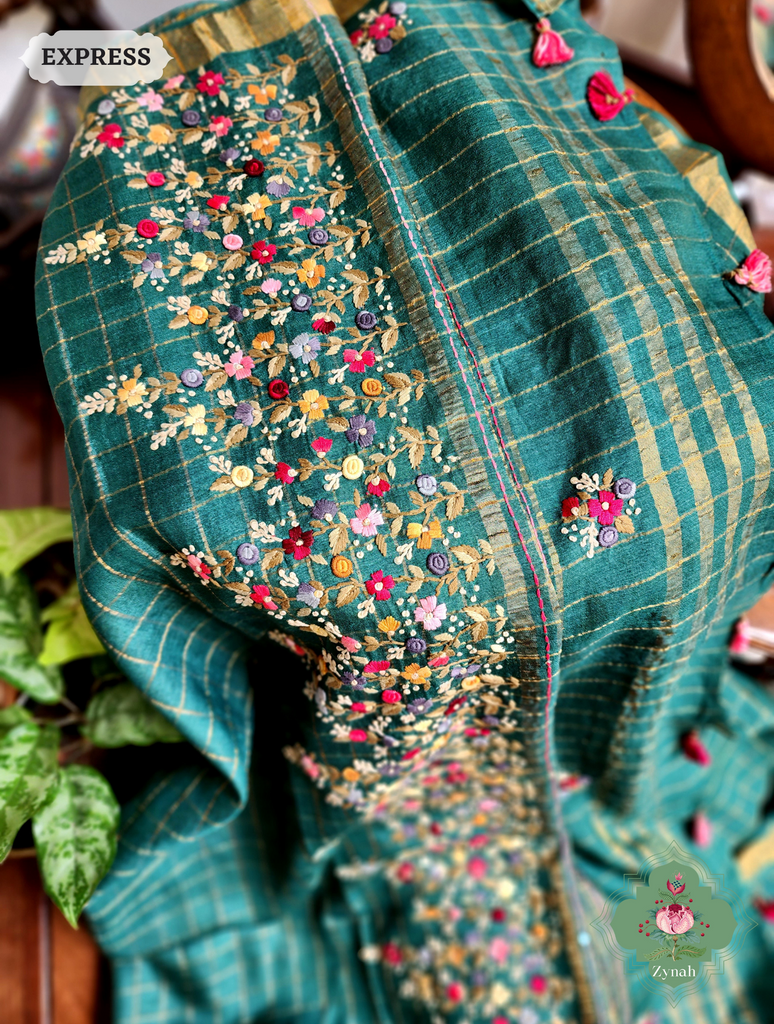 Zynah Teal / Gold Self Checkered Pure Tussar Silk Saree With Frenchknot Hand Embroidery; Custom Stitched/Ready-made Blouse, Fall, Petticoat; SKU: 2908202302