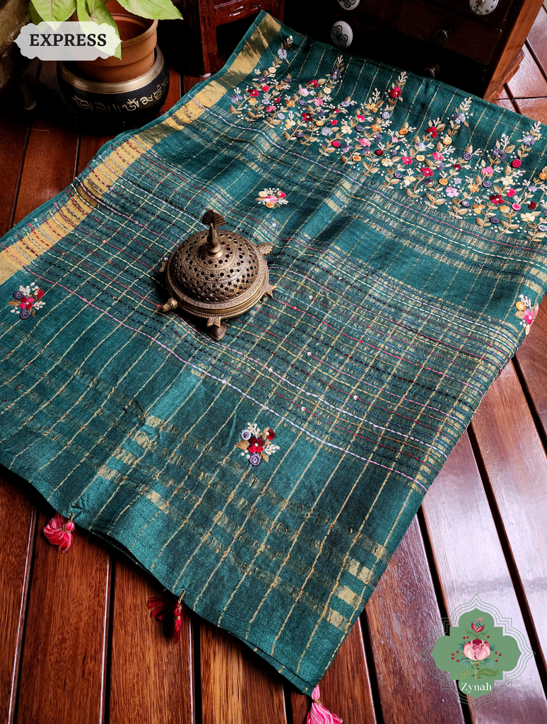 Zynah Teal / Gold Self Checkered Pure Tussar Silk Saree With Frenchknot Hand Embroidery; Custom Stitched/Ready-made Blouse, Fall, Petticoat; SKU: 2908202302