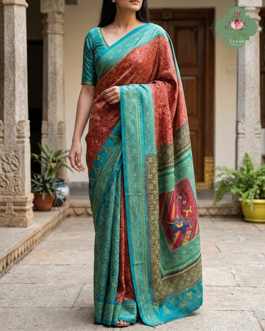 Sumana Red & Teal Pure Gachi Tussar Silk Saree With Kantha Hand Embroidery - SKU 0907202603