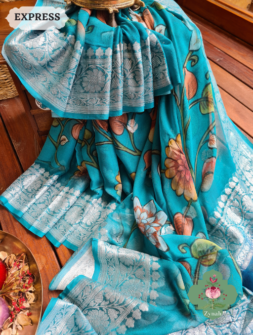 Zynah Turquoise Pure Khaddi Georgette Floral Banarasi Saree With Silver Zari; Custom Stitched/Ready-made Blouse, Fall, Petticoat; SKU: 2804202303