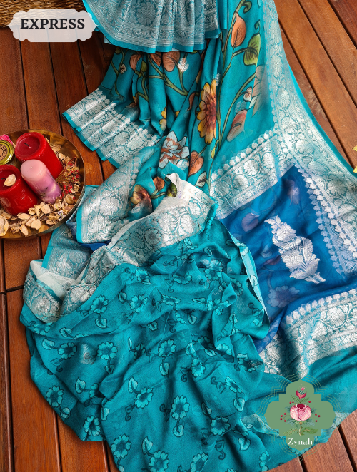 Zynah Turquoise Pure Khaddi Georgette Floral Banarasi Saree With Silver Zari; Custom Stitched/Ready-made Blouse, Fall, Petticoat; SKU: 2804202303