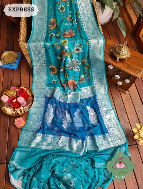 Zynah Turquoise Pure Khaddi Georgette Floral Banarasi Saree With Silver Zari; Custom Stitched/Ready-made Blouse, Fall, Petticoat; SKU: 2804202303