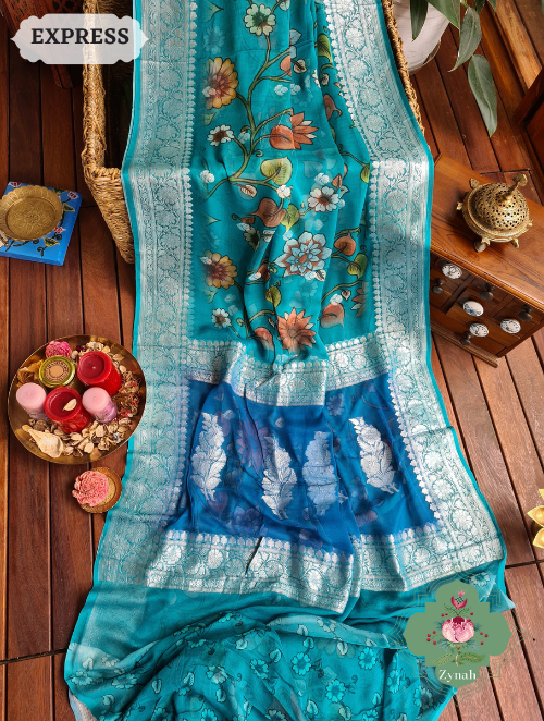 Zynah Turquoise Pure Khaddi Georgette Floral Banarasi Saree With Silver Zari; Custom Stitched/Ready-made Blouse, Fall, Petticoat; SKU: 2804202303