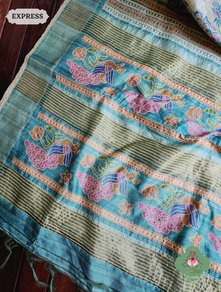 Zynah Beige & Turquoise Jute Linen Saree With Kantha Work; Custom Stitched/Ready-made Blouse, Fall, Petticoat; SKU: 2207202303
