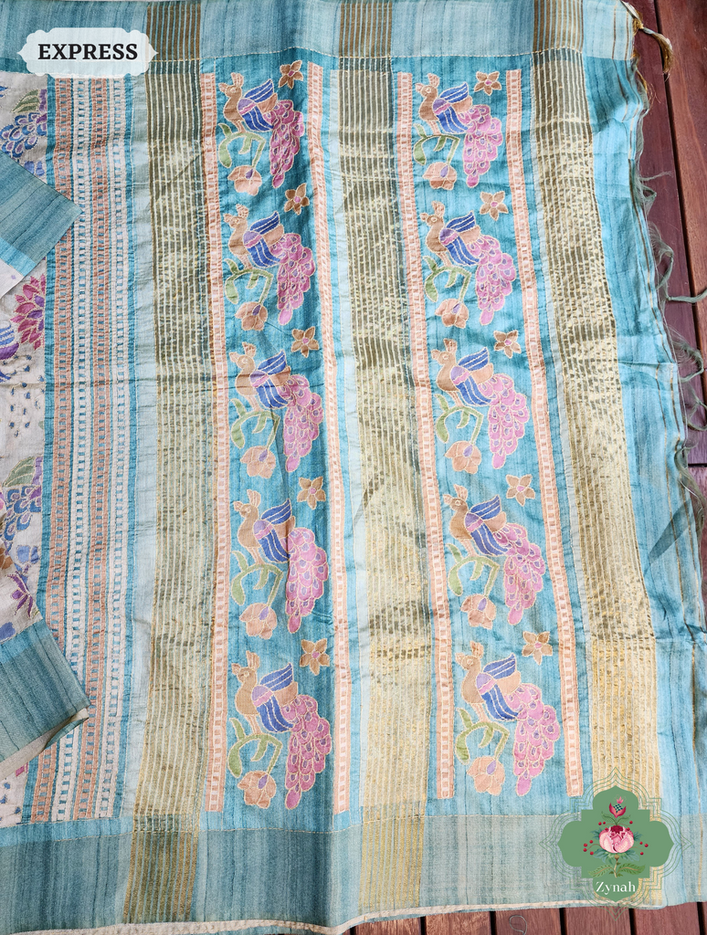 Zynah Beige & Turquoise Jute Linen Saree With Kantha Work; Custom Stitched/Ready-made Blouse, Fall, Petticoat; SKU: 2207202303