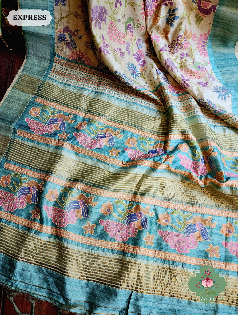 Zynah Beige & Turquoise Jute Linen Saree With Kantha Work; Custom Stitched/Ready-made Blouse, Fall, Petticoat; SKU: 2207202303
