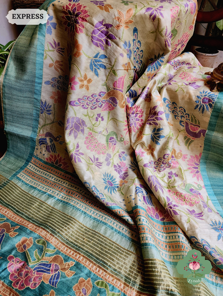 Zynah Beige & Turquoise Jute Linen Saree With Kantha Work; Custom Stitched/Ready-made Blouse, Fall, Petticoat; SKU: 2207202303
