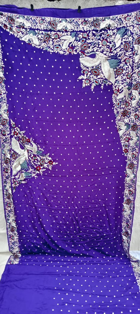 Zynah Made To Order Aubergeine Pure Crepe Silk Hand Embroidered Parsi Gara Saree, Authentic Vintage Art, Heirloom Piece; Custom Stitched/Ready-made Blouse, Fall, Petticoat; SKU: 0612202301