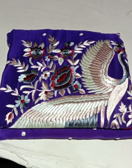 Zynah Made To Order Aubergeine Pure Crepe Silk Hand Embroidered Parsi Gara Saree, Authentic Vintage Art, Heirloom Piece; Custom Stitched/Ready-made Blouse, Fall, Petticoat; SKU: 0612202301