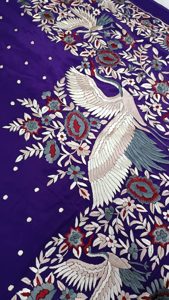 Zynah Made To Order Aubergeine Pure Crepe Silk Hand Embroidered Parsi Gara Saree, Authentic Vintage Art, Heirloom Piece; Custom Stitched/Ready-made Blouse, Fall, Petticoat; SKU: 0612202301
