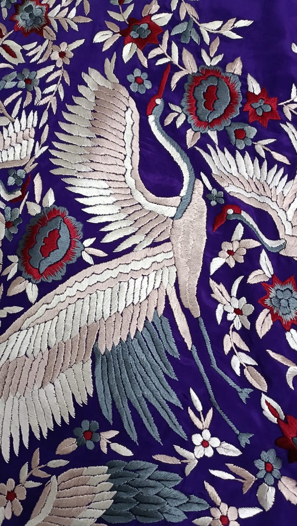 Zynah Made To Order Aubergeine Pure Crepe Silk Hand Embroidered Parsi Gara Saree, Authentic Vintage Art, Heirloom Piece; Custom Stitched/Ready-made Blouse, Fall, Petticoat; SKU: 0612202301