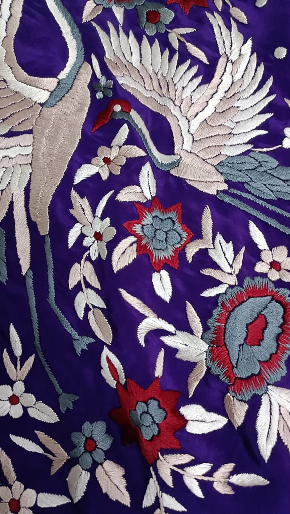 Zynah Made To Order Aubergeine Pure Crepe Silk Hand Embroidered Parsi Gara Saree, Authentic Vintage Art, Heirloom Piece; Custom Stitched/Ready-made Blouse, Fall, Petticoat; SKU: 0612202301
