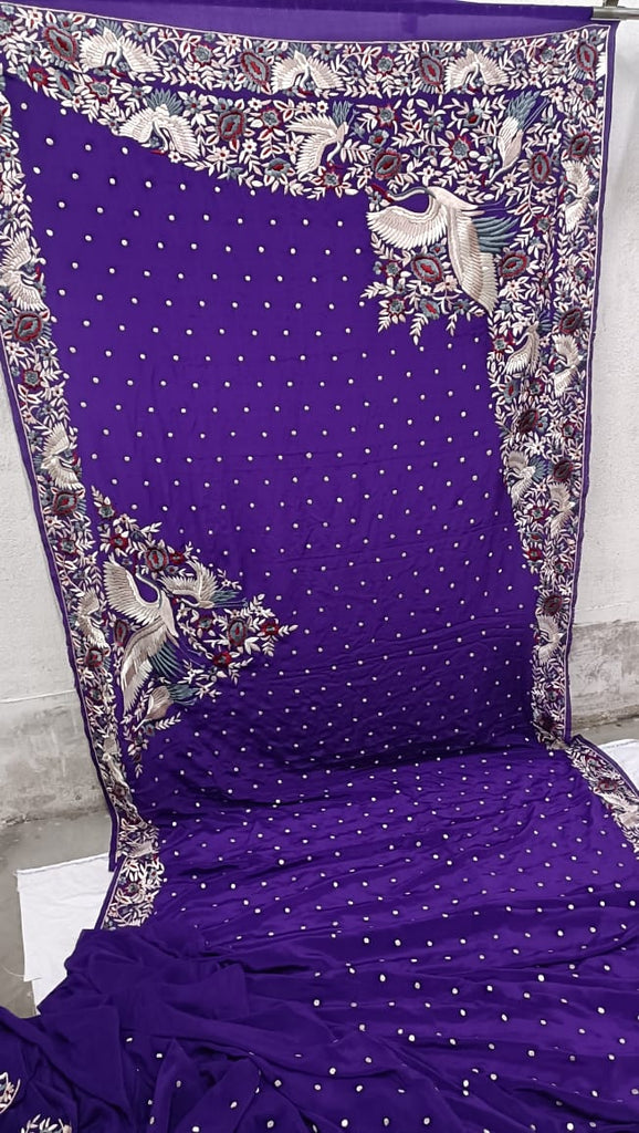 Zynah Made To Order Aubergeine Pure Crepe Silk Hand Embroidered Parsi Gara Saree, Authentic Vintage Art, Heirloom Piece; Custom Stitched/Ready-made Blouse, Fall, Petticoat; SKU: 0612202301