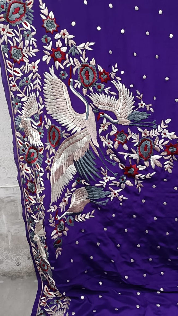 Zynah Made To Order Aubergeine Pure Crepe Silk Hand Embroidered Parsi Gara Saree, Authentic Vintage Art, Heirloom Piece; Custom Stitched/Ready-made Blouse, Fall, Petticoat; SKU: 0612202301