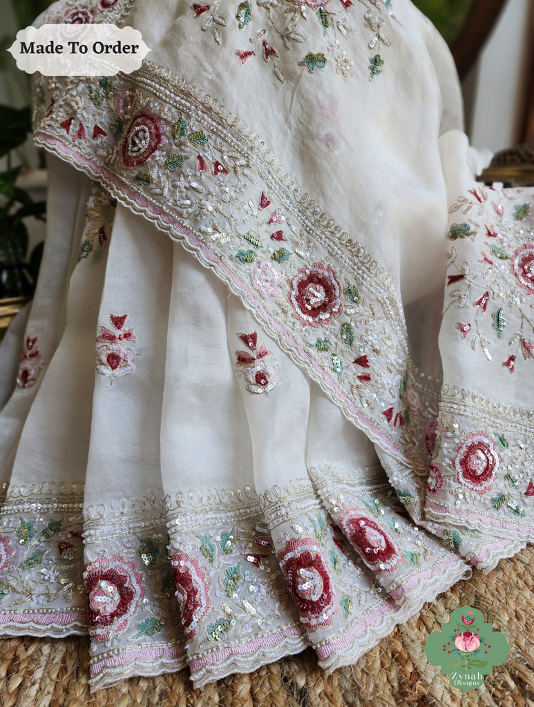 Zynah Made To Order White Organza Silk Saree With Thread Embroidery & Hand Embellished With Sequins, Pearls & Cutdana Beads; Custom Stitched/Ready-made Blouse, Fall, Petticoat; SKU: 1203202501