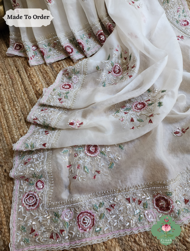 Zynah Made To Order White Organza Silk Saree With Thread Embroidery & Hand Embellished With Sequins, Pearls & Cutdana Beads; Custom Stitched/Ready-made Blouse, Fall, Petticoat; SKU: 1203202501