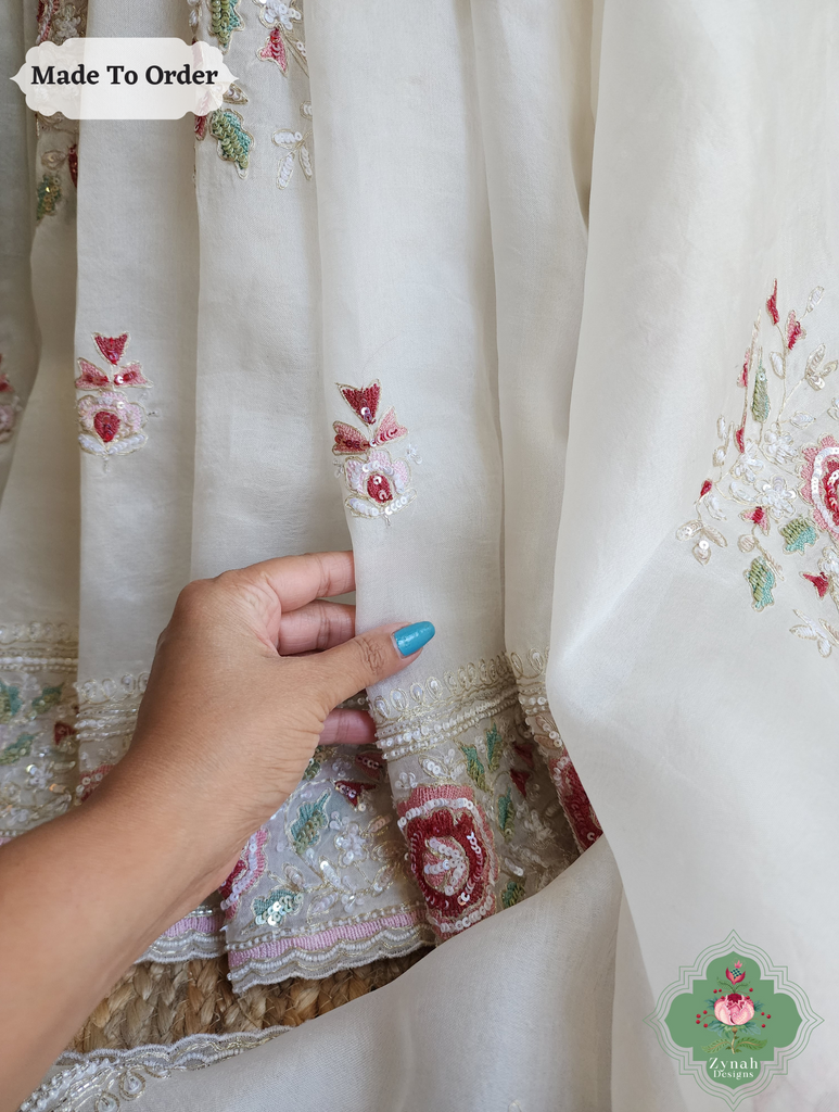 Zynah Made To Order White Organza Silk Saree With Thread Embroidery & Hand Embellished With Sequins, Pearls & Cutdana Beads; Custom Stitched/Ready-made Blouse, Fall, Petticoat; SKU: 1203202501