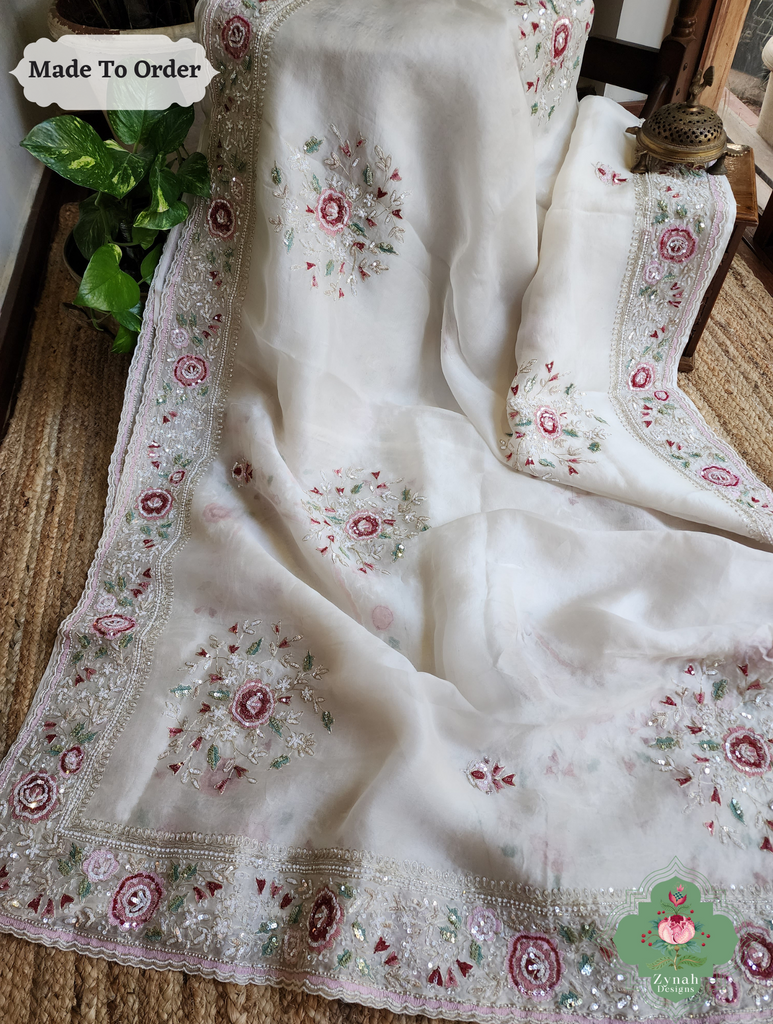 Zynah Made To Order White Organza Silk Saree With Thread Embroidery & Hand Embellished With Sequins, Pearls & Cutdana Beads; Custom Stitched/Ready-made Blouse, Fall, Petticoat; SKU: 1203202501