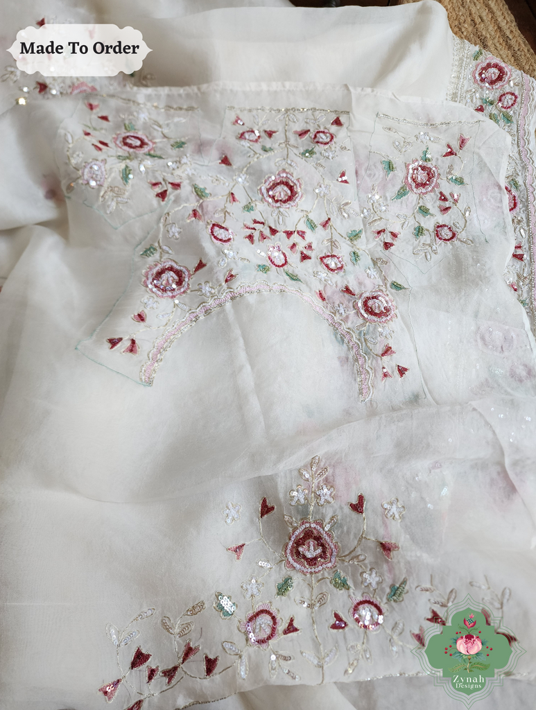 Zynah Made To Order White Organza Silk Saree With Thread Embroidery & Hand Embellished With Sequins, Pearls & Cutdana Beads; Custom Stitched/Ready-made Blouse, Fall, Petticoat; SKU: 1203202501