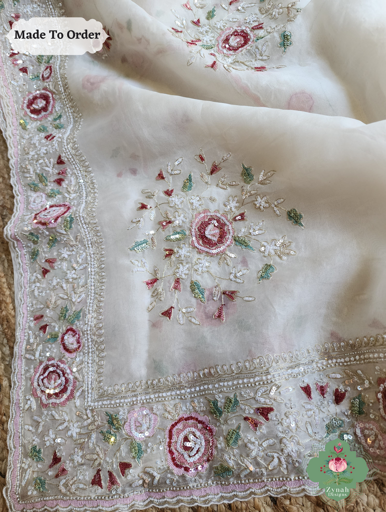 Zynah Made To Order White Organza Silk Saree With Thread Embroidery & Hand Embellished With Sequins, Pearls & Cutdana Beads; Custom Stitched/Ready-made Blouse, Fall, Petticoat; SKU: 1203202501