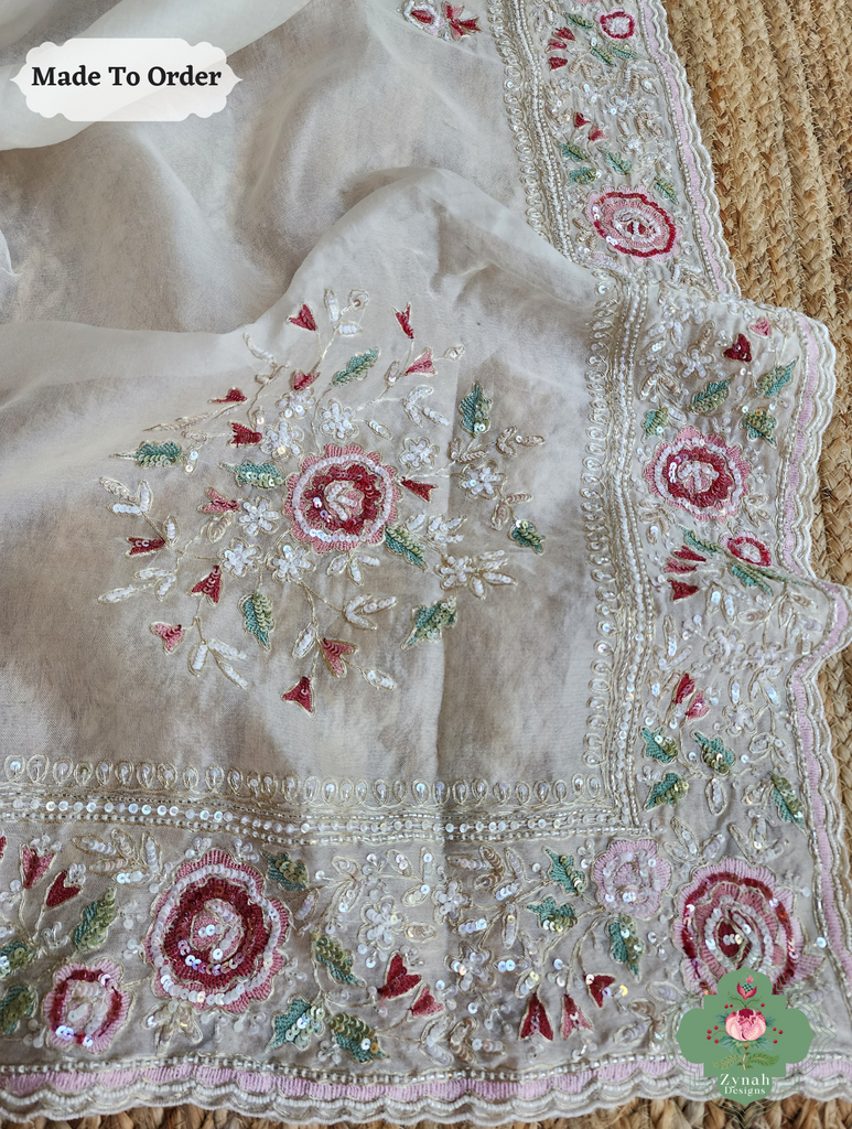 Zynah Made To Order White Organza Silk Saree With Thread Embroidery & Hand Embellished With Sequins, Pearls & Cutdana Beads; Custom Stitched/Ready-made Blouse, Fall, Petticoat; SKU: 1203202501