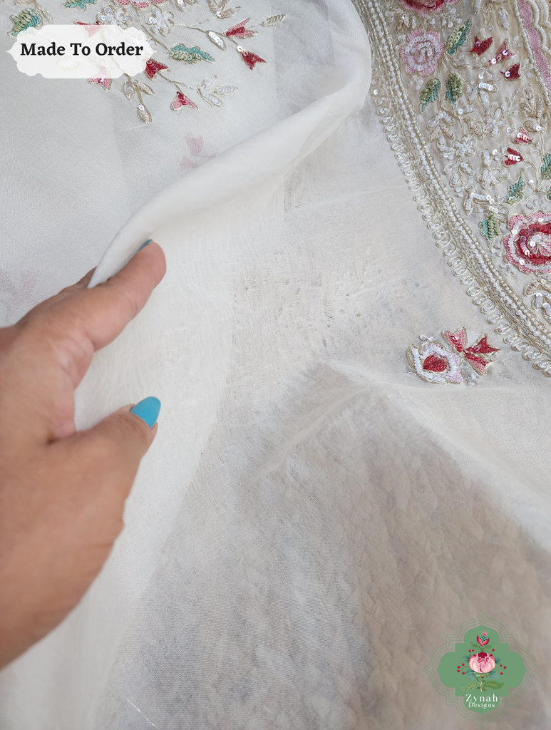 Zynah Made To Order White Organza Silk Saree With Thread Embroidery & Hand Embellished With Sequins, Pearls & Cutdana Beads; Custom Stitched/Ready-made Blouse, Fall, Petticoat; SKU: 1203202501