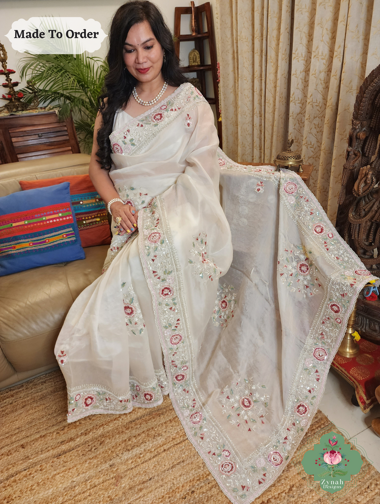 Zynah Made To Order White Organza Silk Saree With Thread Embroidery & Hand Embellished With Sequins, Pearls & Cutdana Beads; Custom Stitched/Ready-made Blouse, Fall, Petticoat; SKU: 1203202501