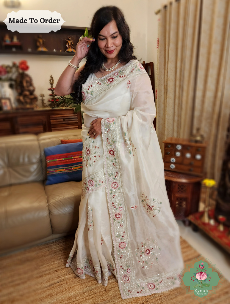 Zynah Made To Order White Organza Silk Saree With Thread Embroidery & Hand Embellished With Sequins, Pearls & Cutdana Beads; Custom Stitched/Ready-made Blouse, Fall, Petticoat; SKU: 1203202501