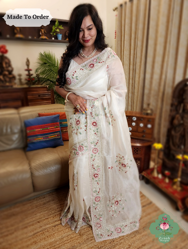 Zynah Made To Order White Organza Silk Saree With Thread Embroidery & Hand Embellished With Sequins, Pearls & Cutdana Beads; Custom Stitched/Ready-made Blouse, Fall, Petticoat; SKU: 1203202501