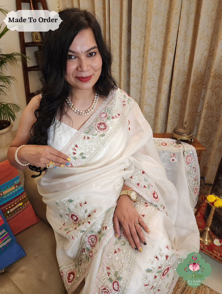 Zynah Made To Order White Organza Silk Saree With Thread Embroidery & Hand Embellished With Sequins, Pearls & Cutdana Beads; Custom Stitched/Ready-made Blouse, Fall, Petticoat; SKU: 1203202501
