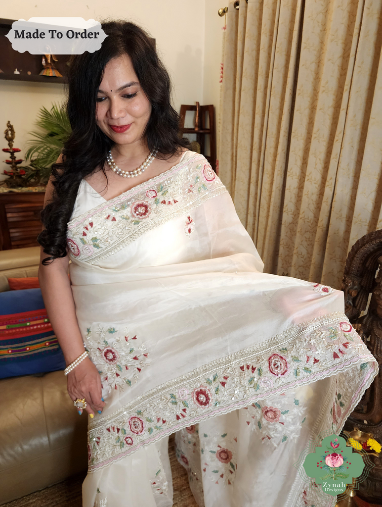 Zynah Made To Order White Organza Silk Saree With Thread Embroidery & Hand Embellished With Sequins, Pearls & Cutdana Beads; Custom Stitched/Ready-made Blouse, Fall, Petticoat; SKU: 1203202501