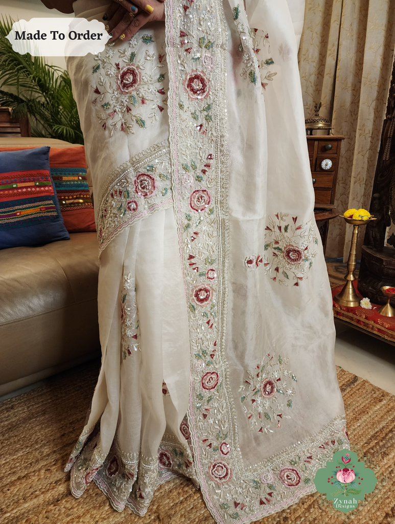 Zynah Made To Order White Organza Silk Saree With Thread Embroidery & Hand Embellished With Sequins, Pearls & Cutdana Beads; Custom Stitched/Ready-made Blouse, Fall, Petticoat; SKU: 1203202501