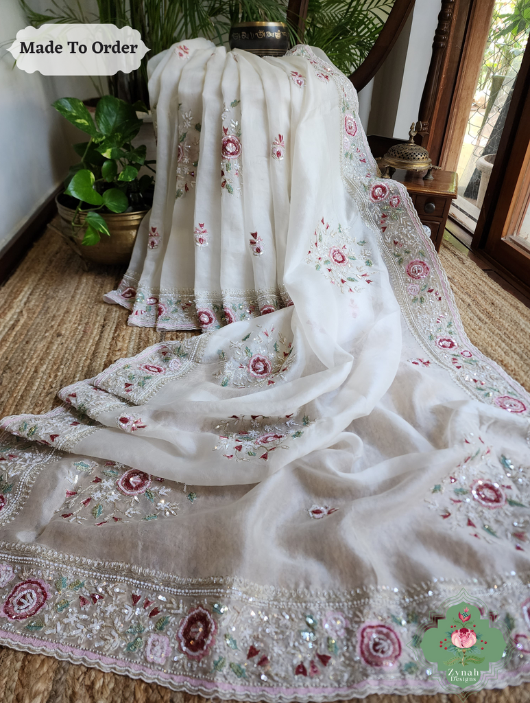 Zynah Made To Order White Organza Silk Saree With Thread Embroidery & Hand Embellished With Sequins, Pearls & Cutdana Beads; Custom Stitched/Ready-made Blouse, Fall, Petticoat; SKU: 1203202501