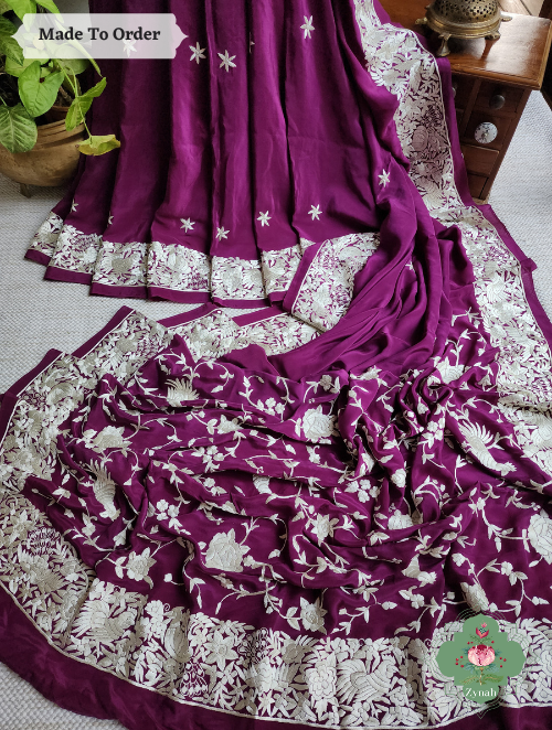 Zynah Made To Order Wine Pure Crepe Parsi Gara Saree With Off White Designer Gara Embroidery on Pallu; Custom Stitched/Ready-made Blouse, Fall, Petticoat; SKU: 0106202303