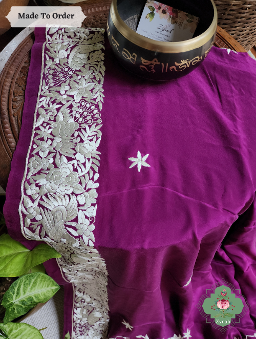 Zynah Made To Order Wine Pure Crepe Parsi Gara Saree With Off White Designer Gara Embroidery on Pallu; Custom Stitched/Ready-made Blouse, Fall, Petticoat; SKU: 0106202303