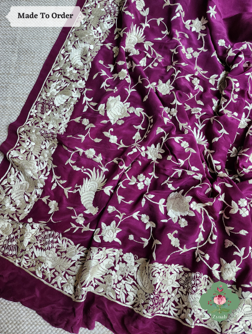 Zynah Made To Order Wine Pure Crepe Parsi Gara Saree With Off White Designer Gara Embroidery on Pallu; Custom Stitched/Ready-made Blouse, Fall, Petticoat; SKU: 0106202303
