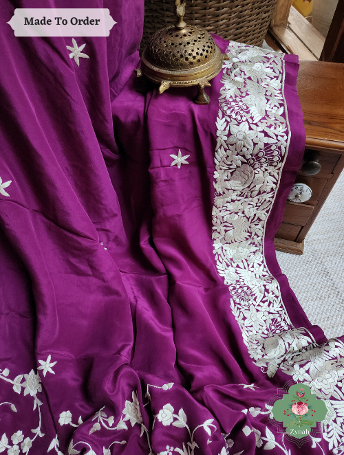 Zynah Made To Order Wine Pure Crepe Parsi Gara Saree With Off White Designer Gara Embroidery on Pallu; Custom Stitched/Ready-made Blouse, Fall, Petticoat; SKU: 0106202303