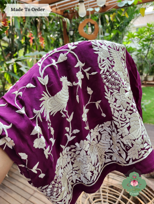 Zynah Made To Order Wine Pure Crepe Parsi Gara Saree With Off White Designer Gara Embroidery on Pallu; Custom Stitched/Ready-made Blouse, Fall, Petticoat; SKU: 0106202303