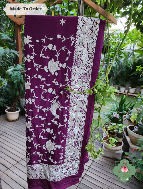 Zynah Made To Order Wine Pure Crepe Parsi Gara Saree With Off White Designer Gara Embroidery on Pallu; Custom Stitched/Ready-made Blouse, Fall, Petticoat; SKU: 0106202303