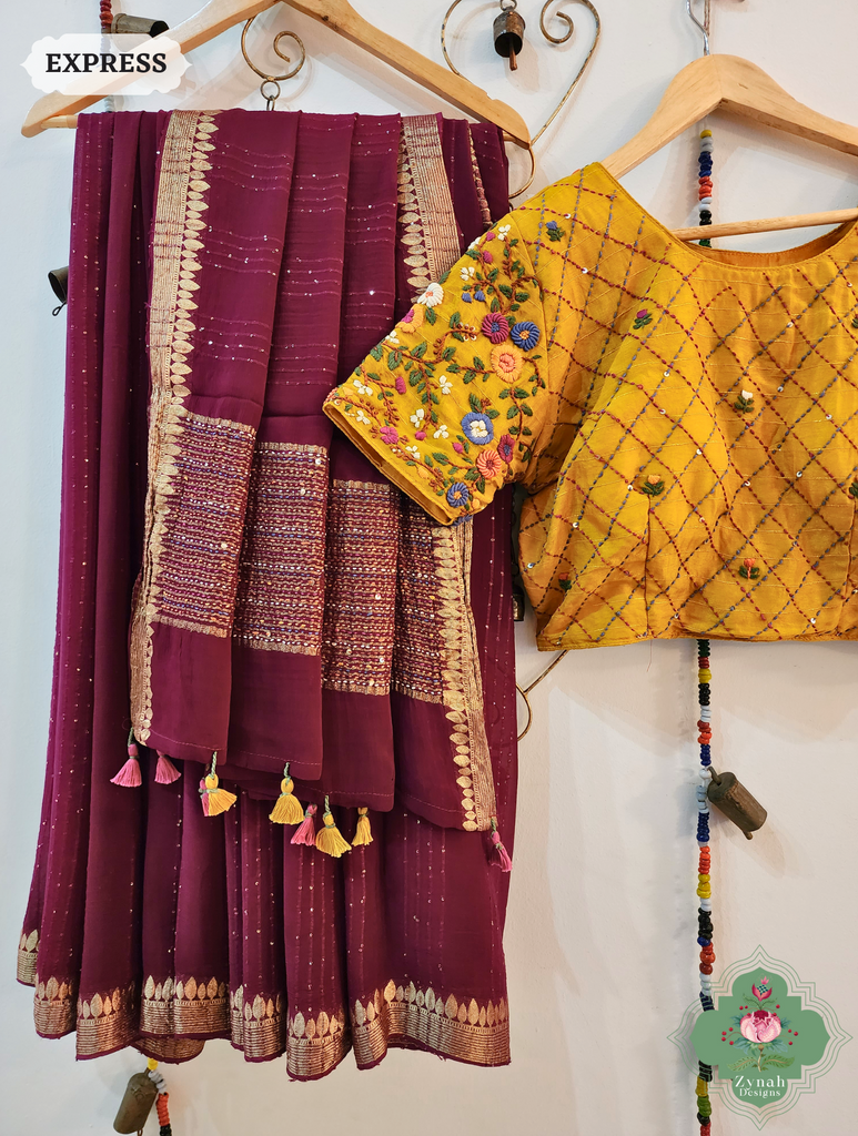 Wine Crepe Silk Saree With Sequins Work, Sleek Border & Kantha Work On Pallu 10