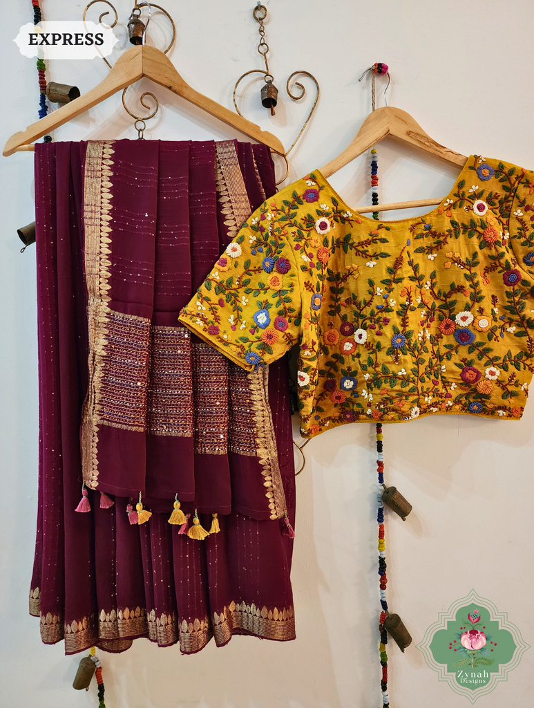 Wine Crepe Silk Saree With Sequins Work, Sleek Border & Kantha Work On Pallu 11