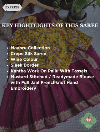 Wine Crepe Silk Saree With Sequins Work, Sleek Border & Kantha Work On Pallu 2
