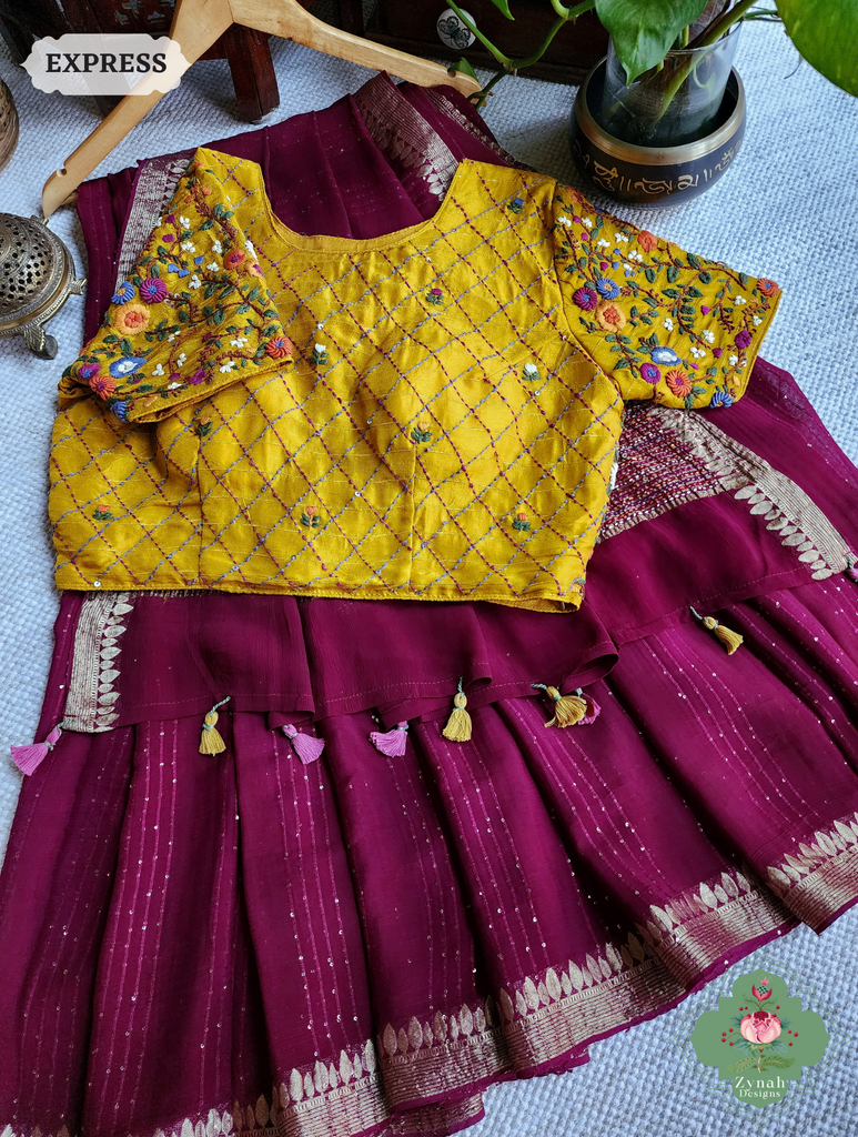 Wine Crepe Silk Saree With Sequins Work, Sleek Border & Kantha Work On Pallu 3