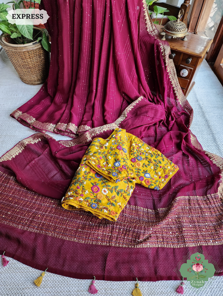 Wine Crepe Silk Saree With Sequins Work, Sleek Border & Kantha Work On Pallu 4